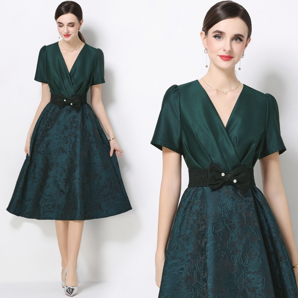Elegant slim dress short sleeve pinched waist formal dress