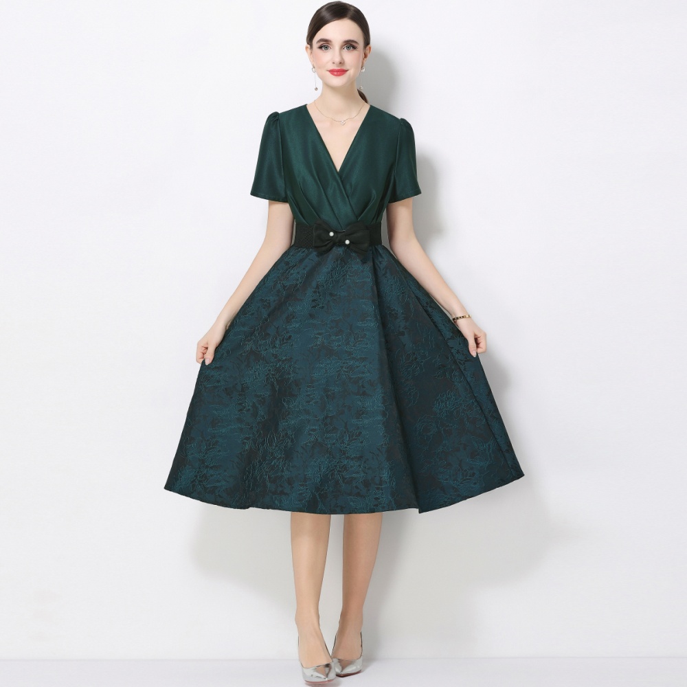 Elegant slim dress short sleeve pinched waist formal dress
