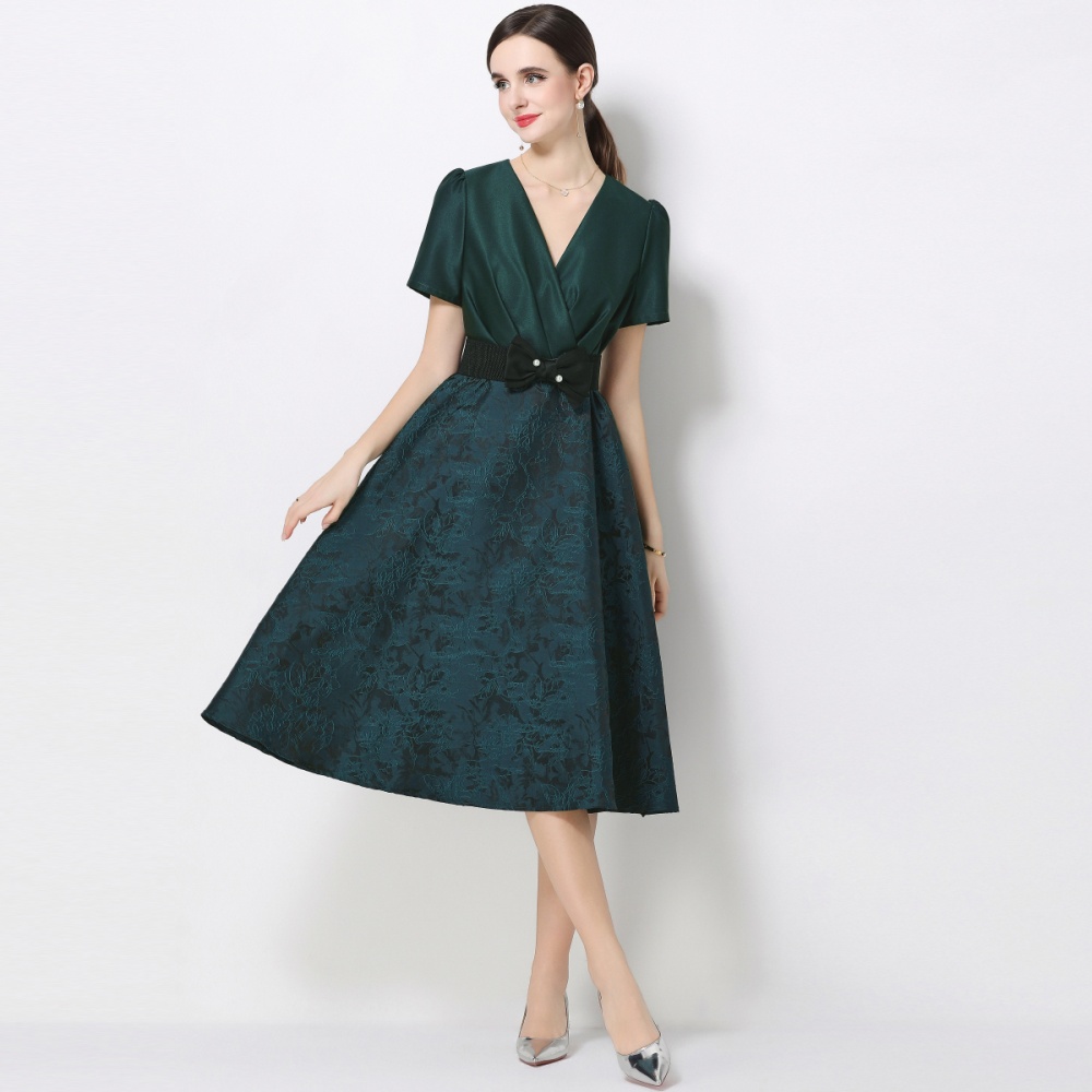 Elegant slim dress short sleeve pinched waist formal dress