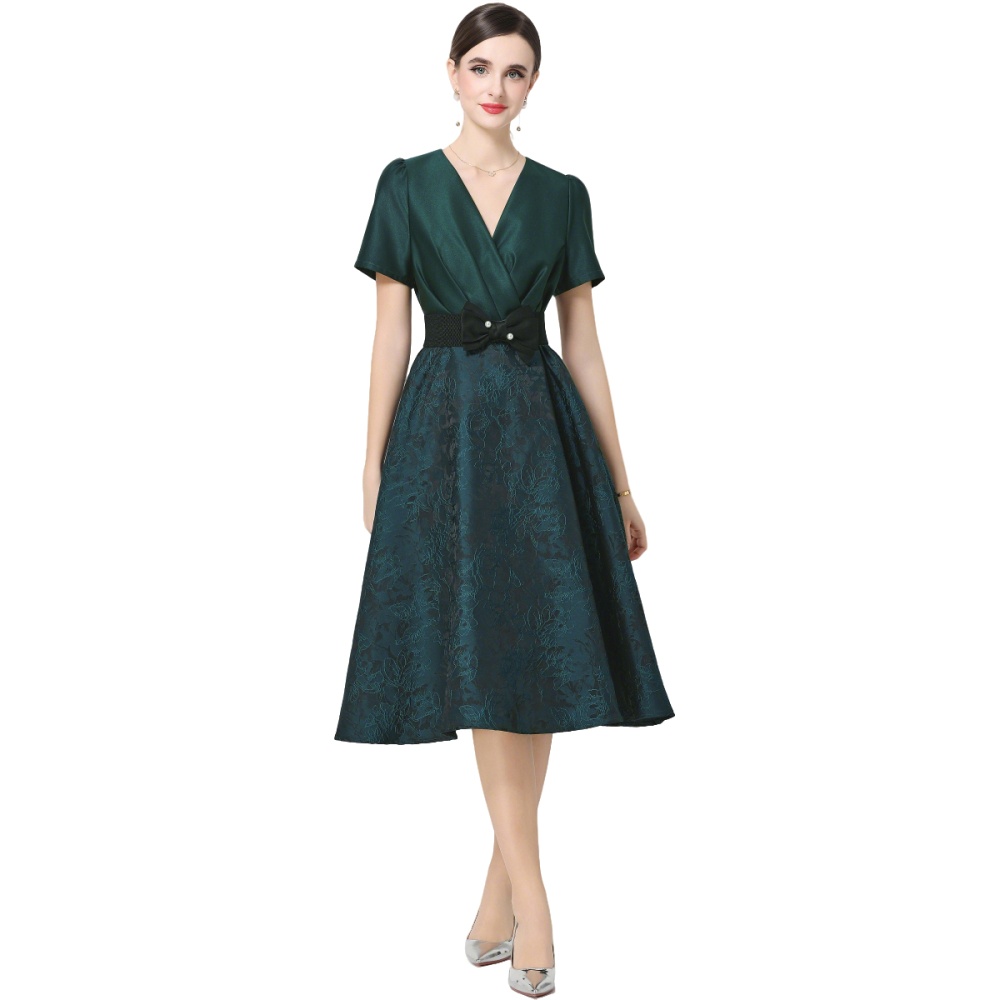 Elegant slim dress short sleeve pinched waist formal dress