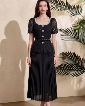 Long big round neck short sleeve lace slim dress