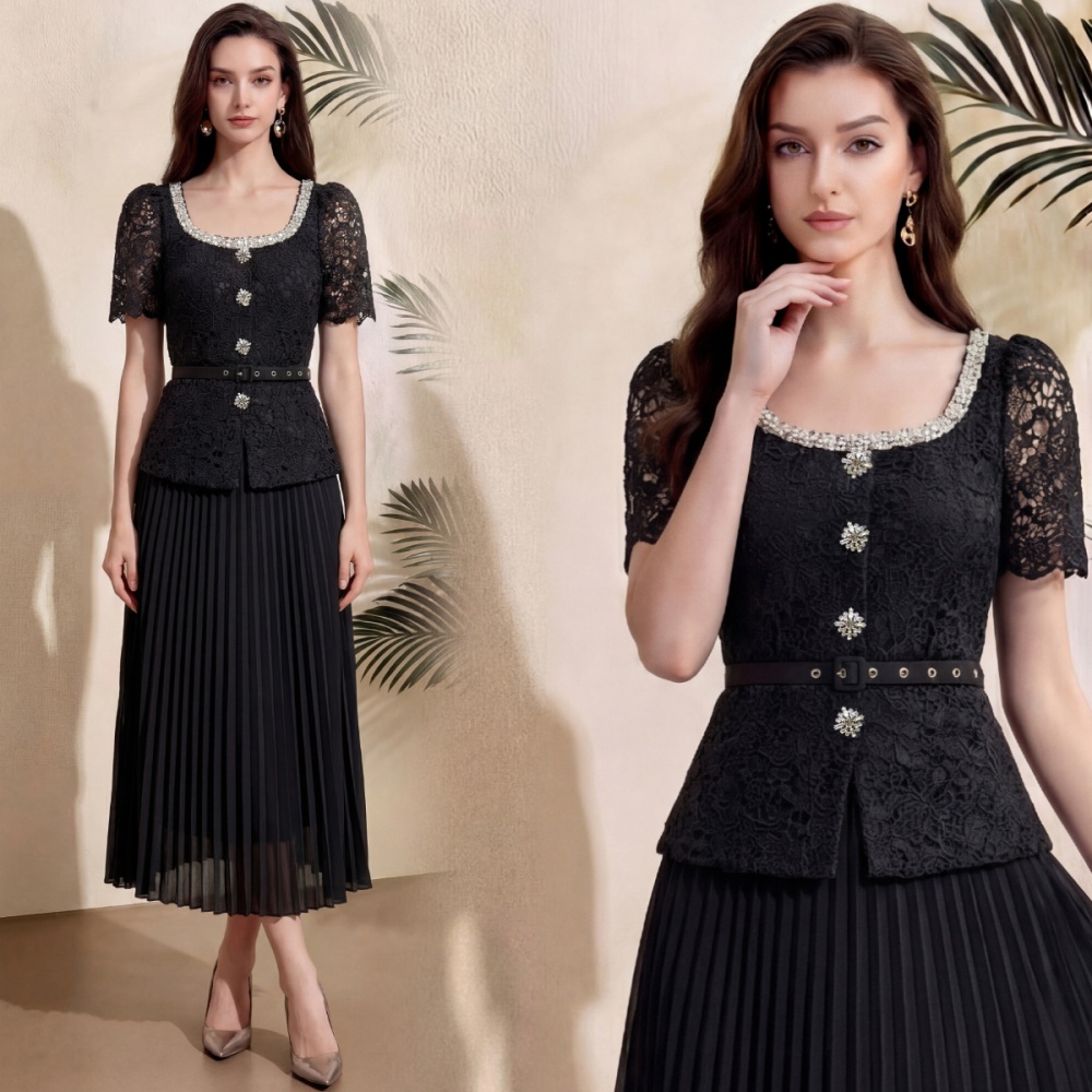 Long big round neck short sleeve lace slim dress