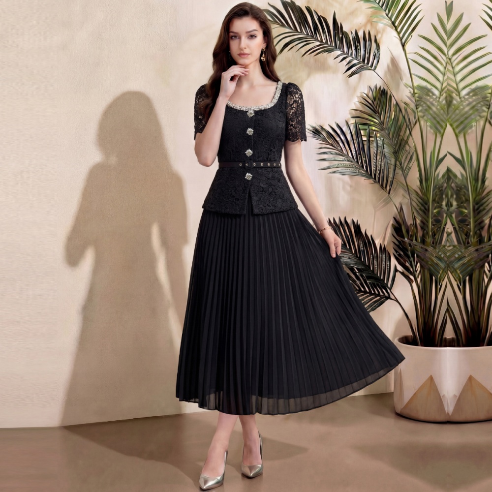 Long big round neck short sleeve lace slim dress