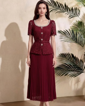 Short sleeve chanelstyle pleated splice lace with belt dress