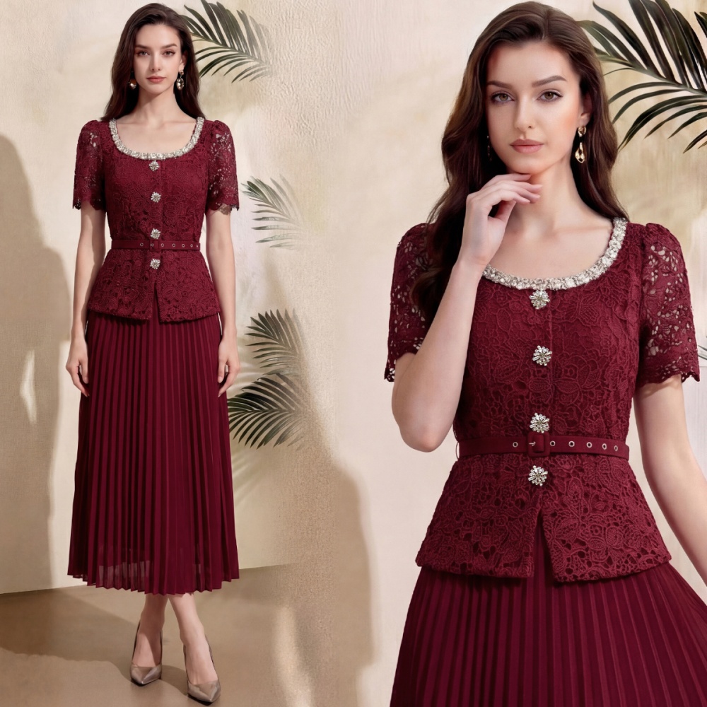 Short sleeve chanelstyle pleated splice lace with belt dress