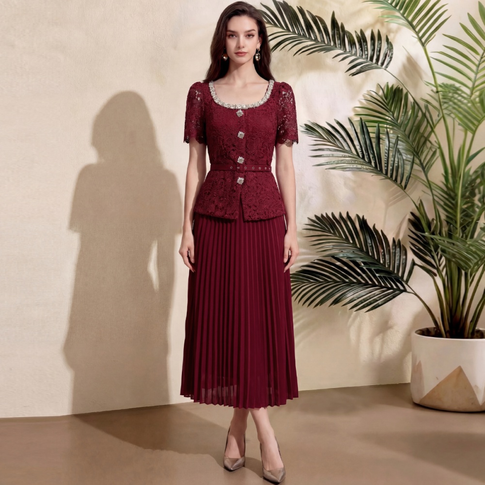 Short sleeve chanelstyle pleated splice lace with belt dress