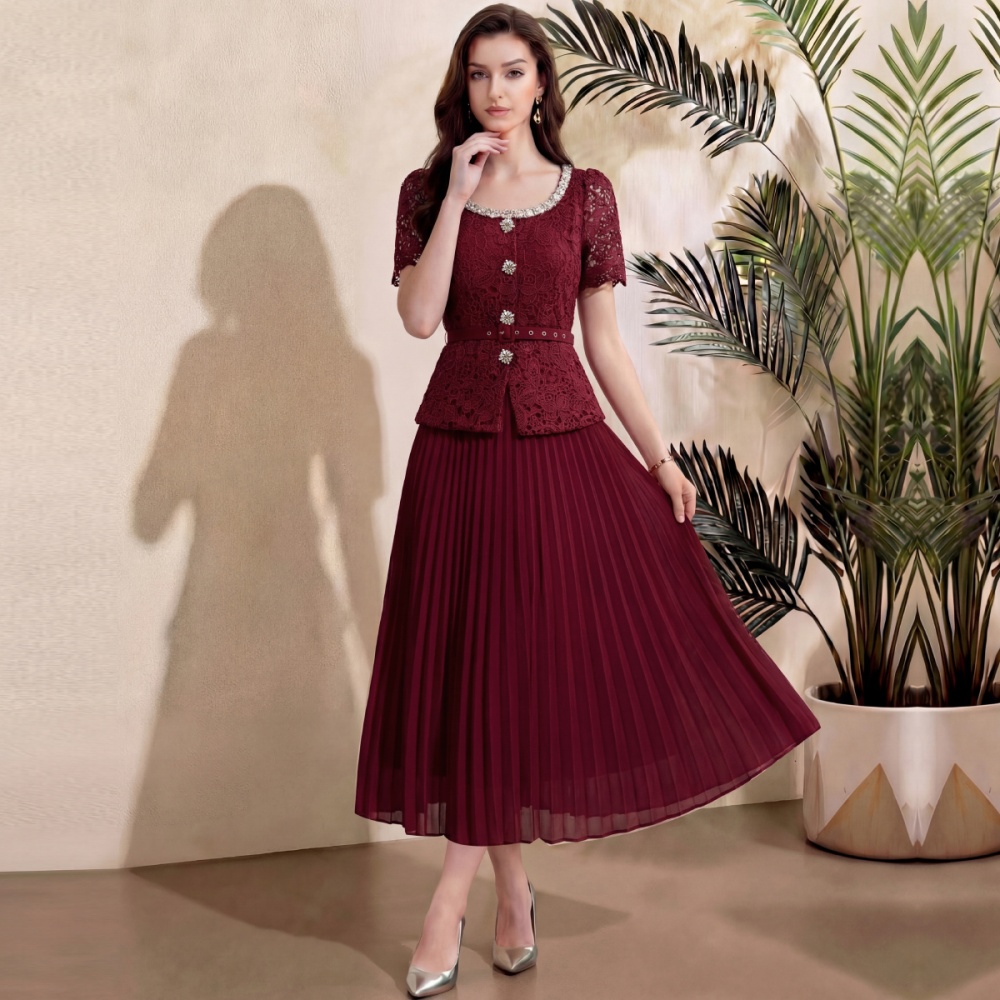 Short sleeve chanelstyle pleated splice lace with belt dress