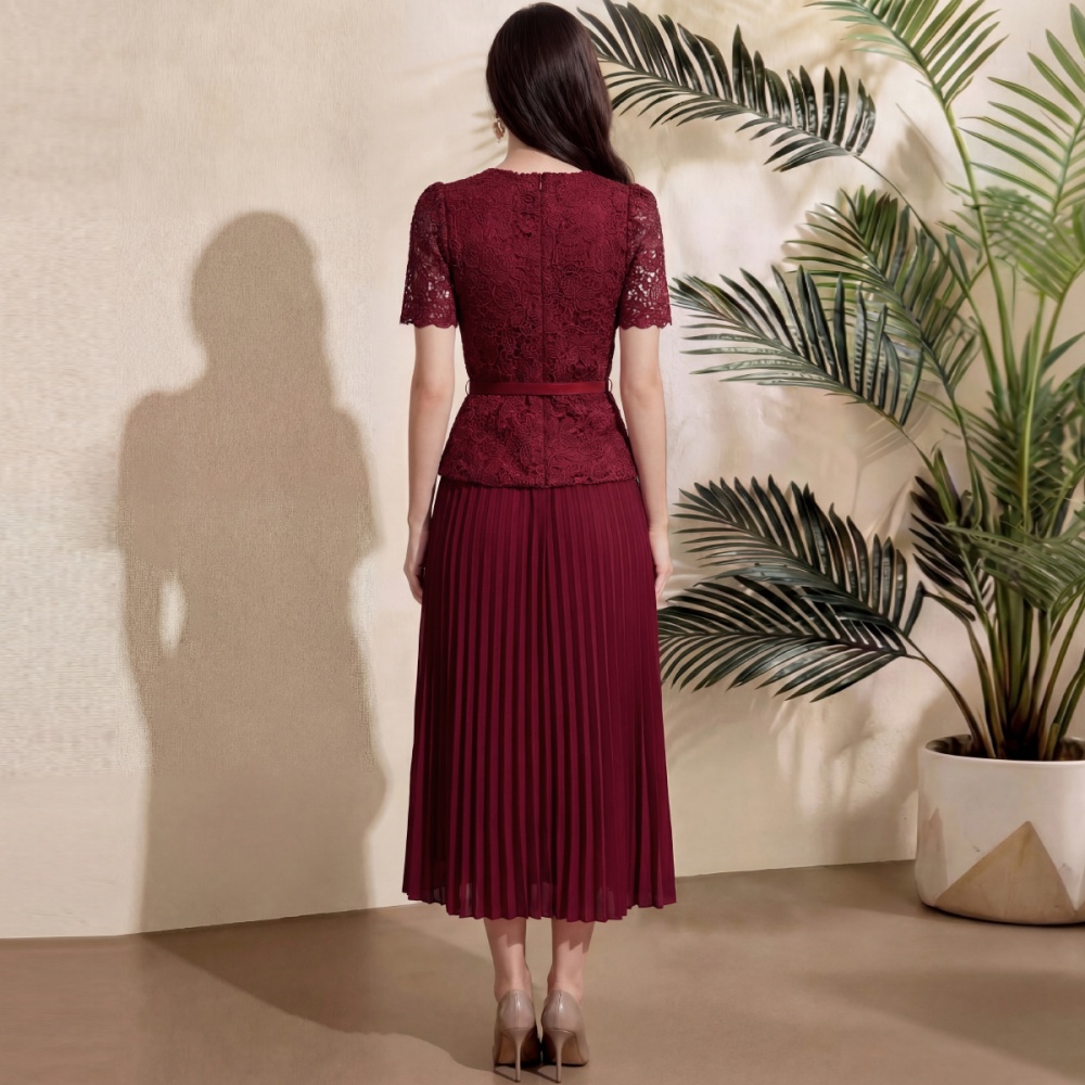 Short sleeve chanelstyle pleated splice lace with belt dress