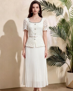 Long pleated France style rhinestone dress