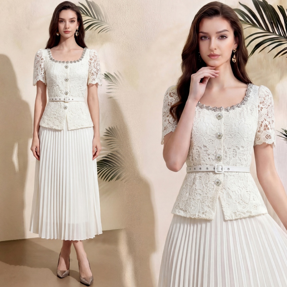 Long pleated France style rhinestone dress