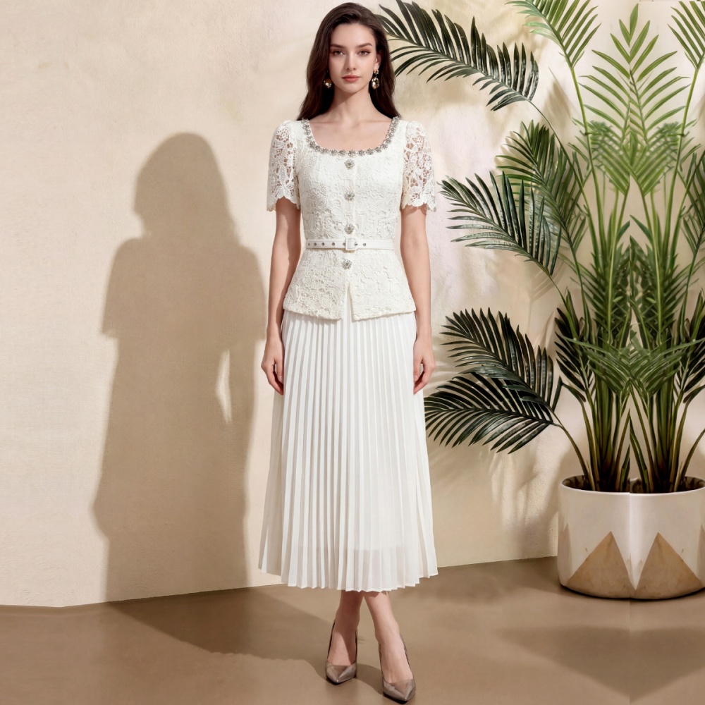 Long pleated France style rhinestone dress