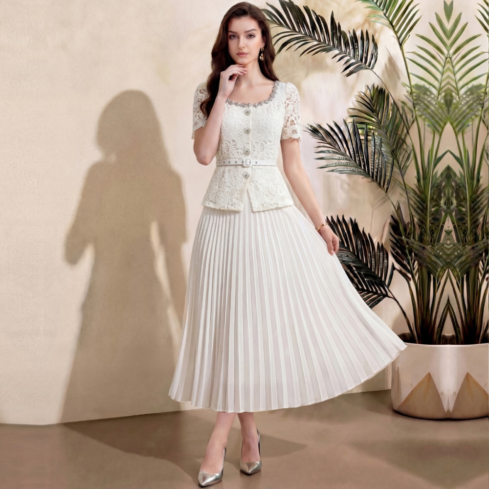 Long pleated France style rhinestone dress