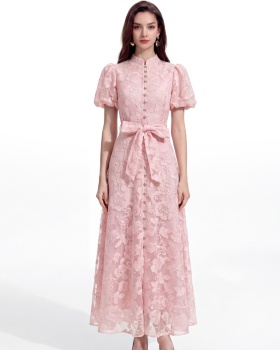 Lace A-line cstand collar short sleeve France style dress