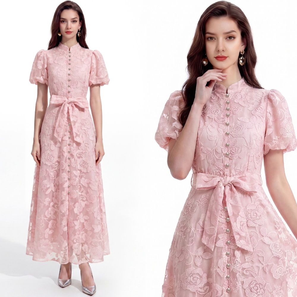 Lace A-line cstand collar short sleeve France style dress