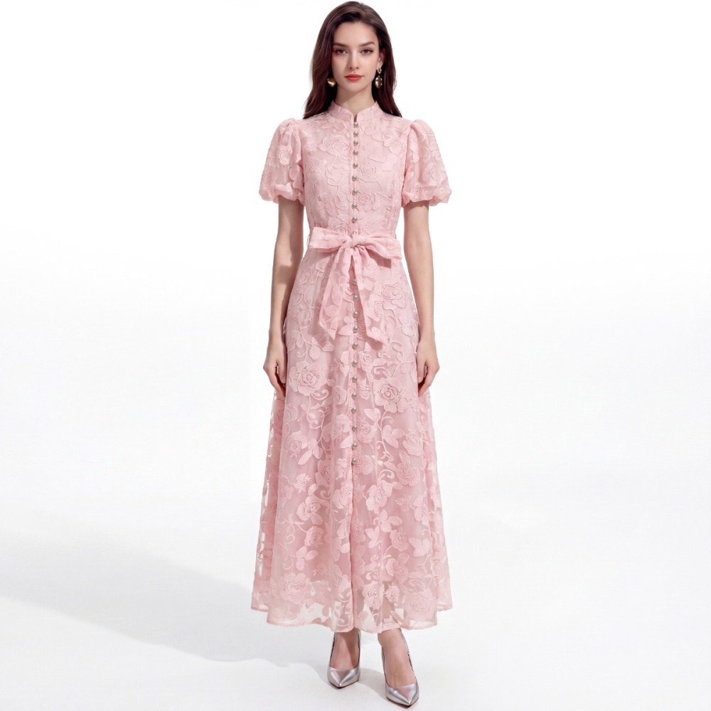 Lace A-line cstand collar short sleeve France style dress