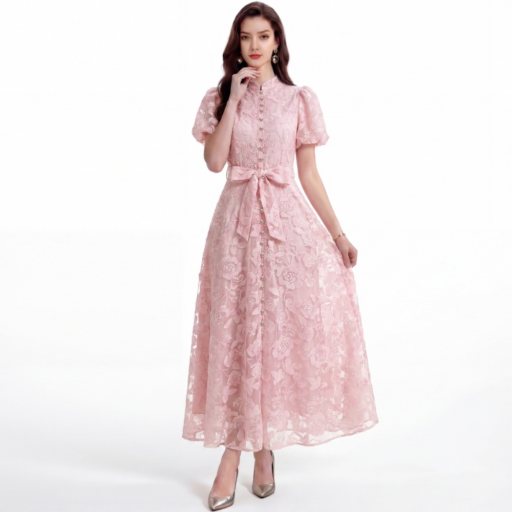 Lace A-line cstand collar short sleeve France style dress