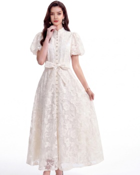 Cstand collar France style short sleeve single-breasted dress