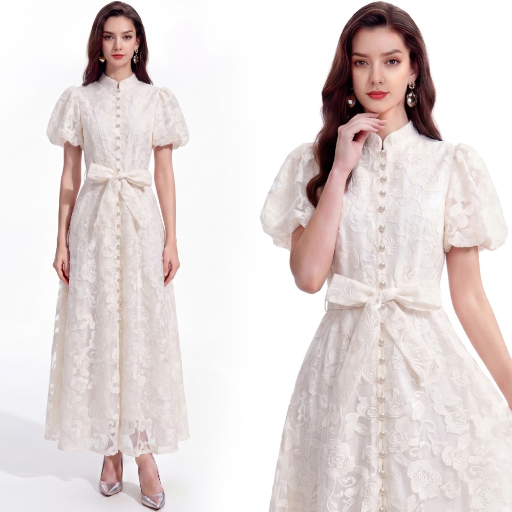 Cstand collar France style short sleeve single-breasted dress