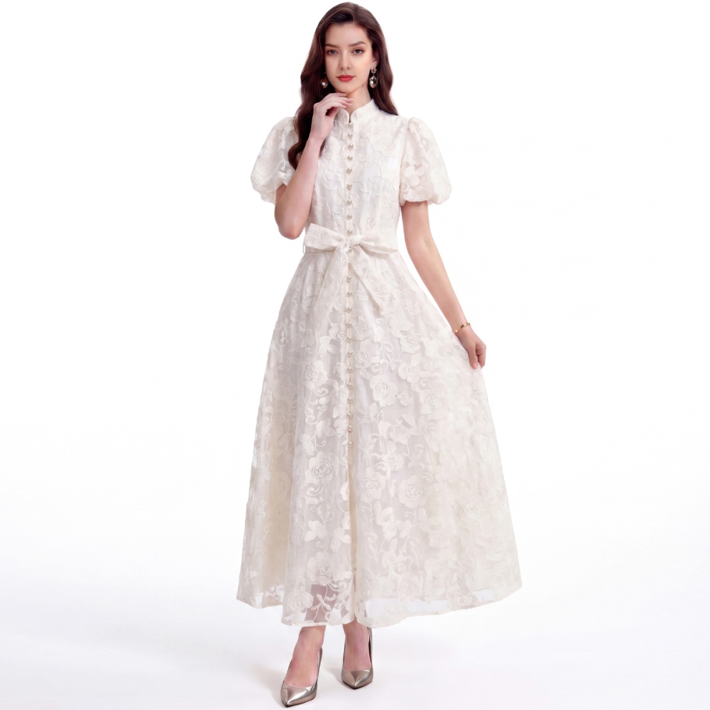 Cstand collar France style short sleeve single-breasted dress