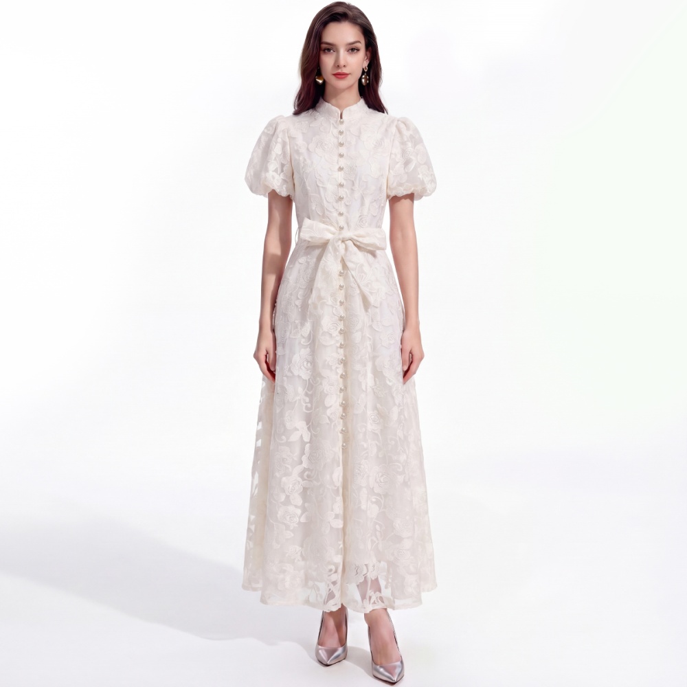Cstand collar France style short sleeve single-breasted dress