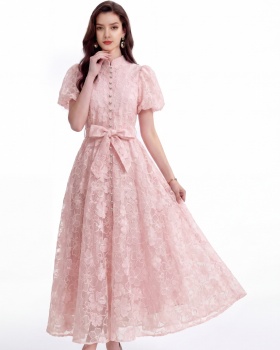 Short sleeve France style A-line pinched waist dress
