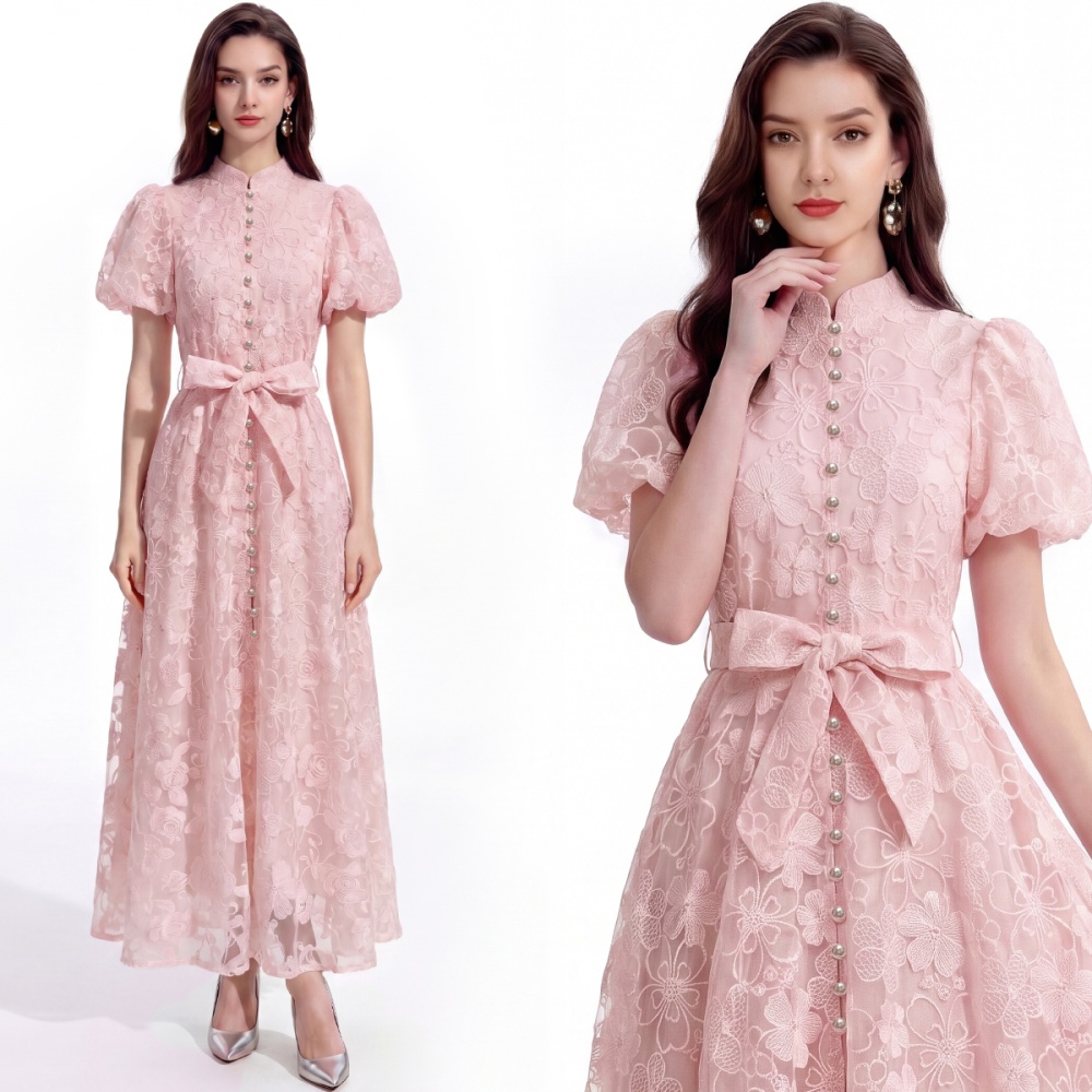 Short sleeve France style A-line pinched waist dress