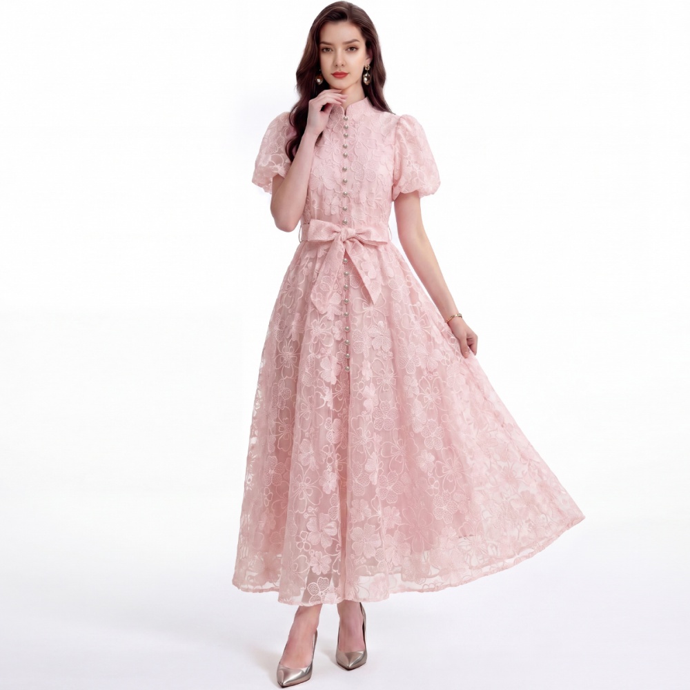 Short sleeve France style A-line pinched waist dress