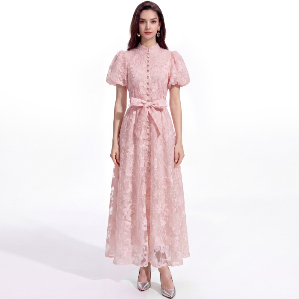 Short sleeve France style A-line pinched waist dress