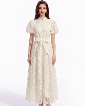 Single-breasted lace cstand collar A-line slim dress