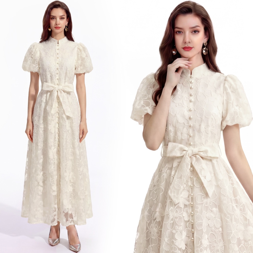 Single-breasted lace cstand collar A-line slim dress