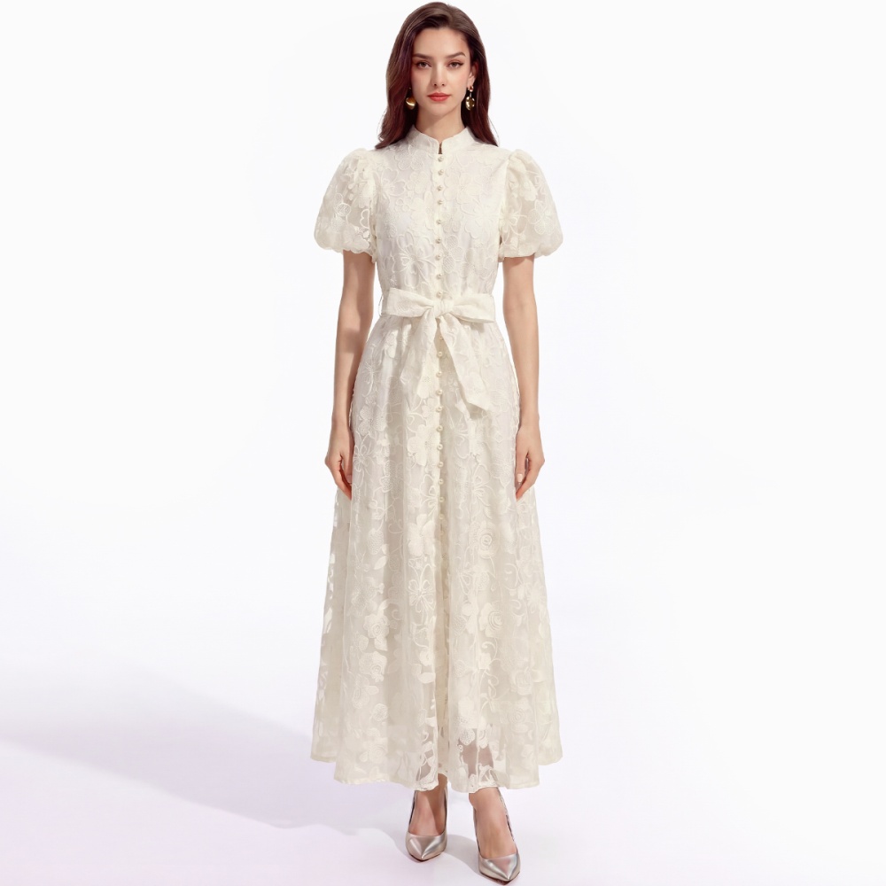 Single-breasted lace cstand collar A-line slim dress