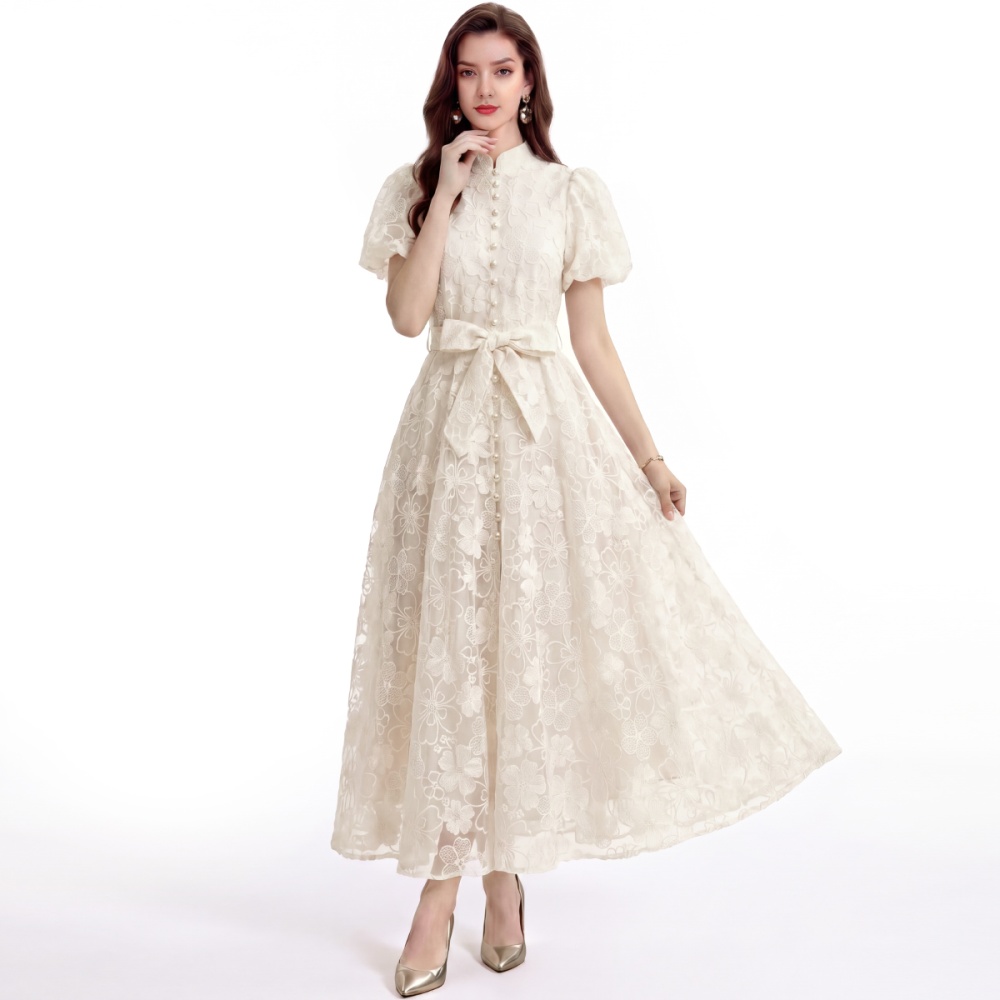 Single-breasted lace cstand collar A-line slim dress
