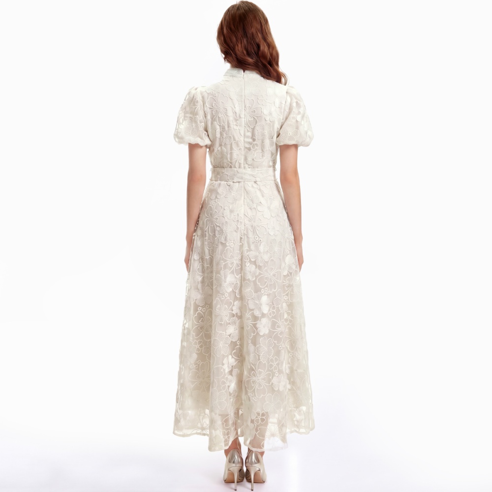 Single-breasted lace cstand collar A-line slim dress