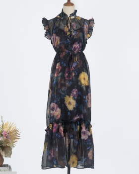 Summer niche printing retro real silk vacation long dress