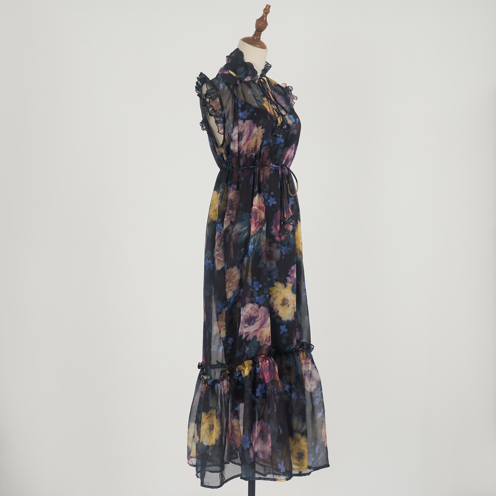 Summer niche printing retro real silk vacation long dress