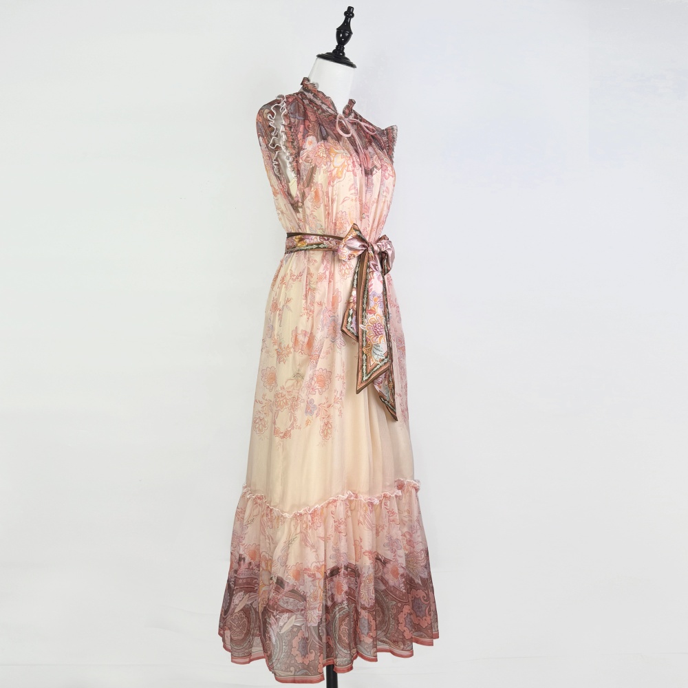 Summer niche printing retro real silk vacation long dress