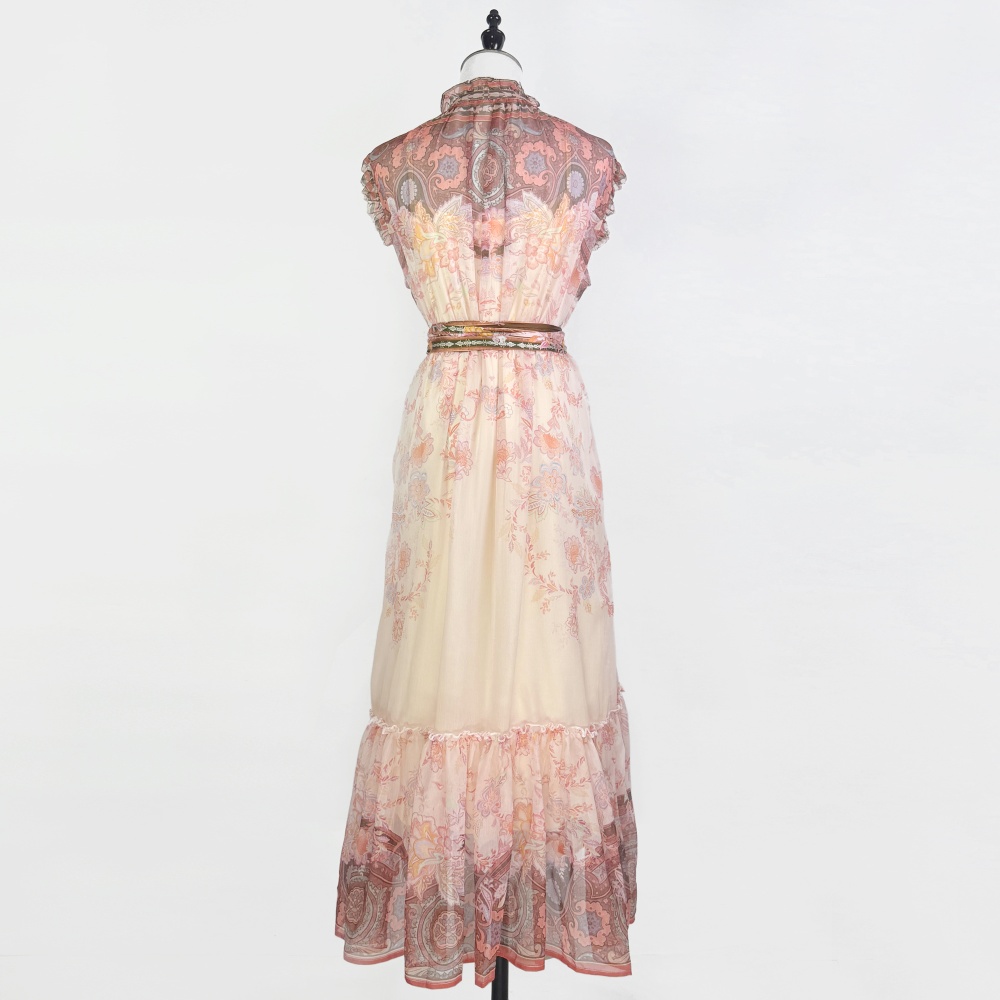 Summer niche printing retro real silk vacation long dress