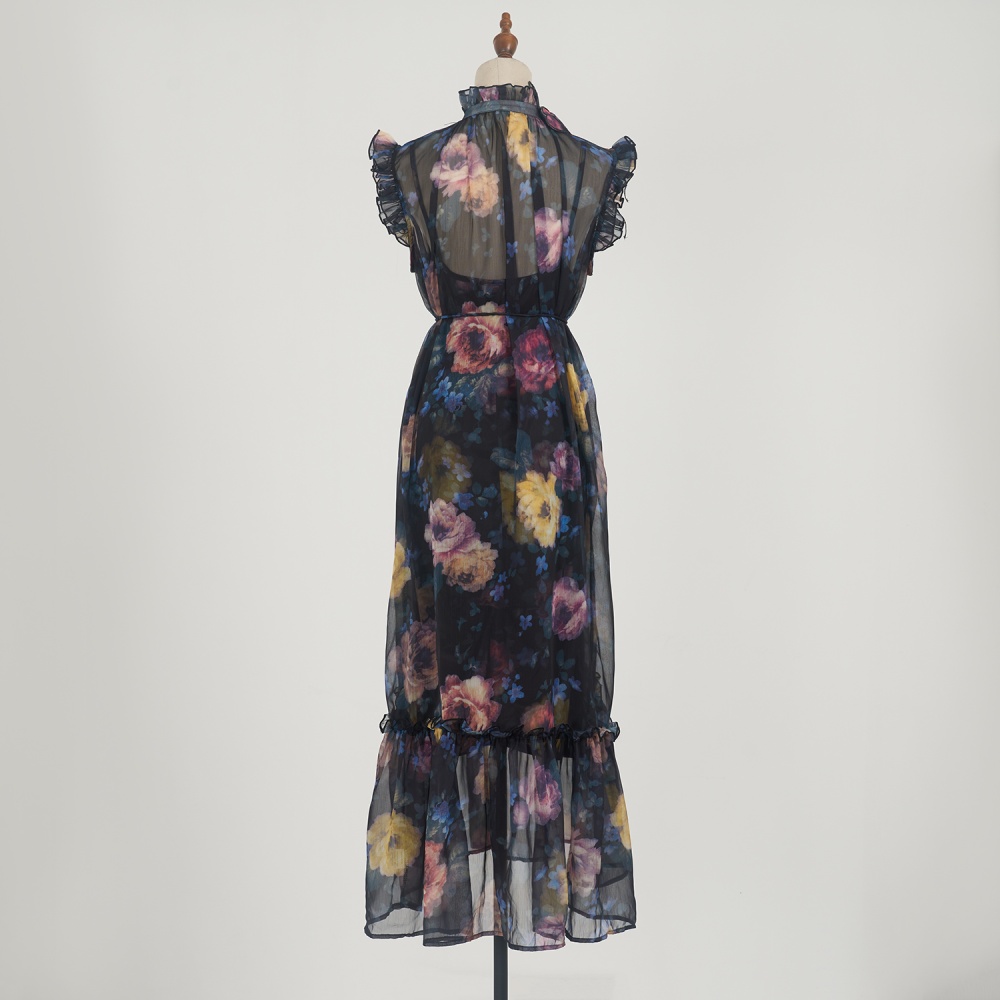 Summer niche printing retro real silk vacation long dress