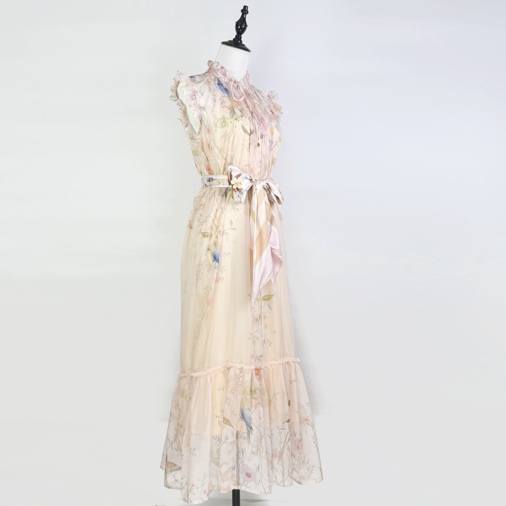 Summer niche printing retro real silk vacation long dress