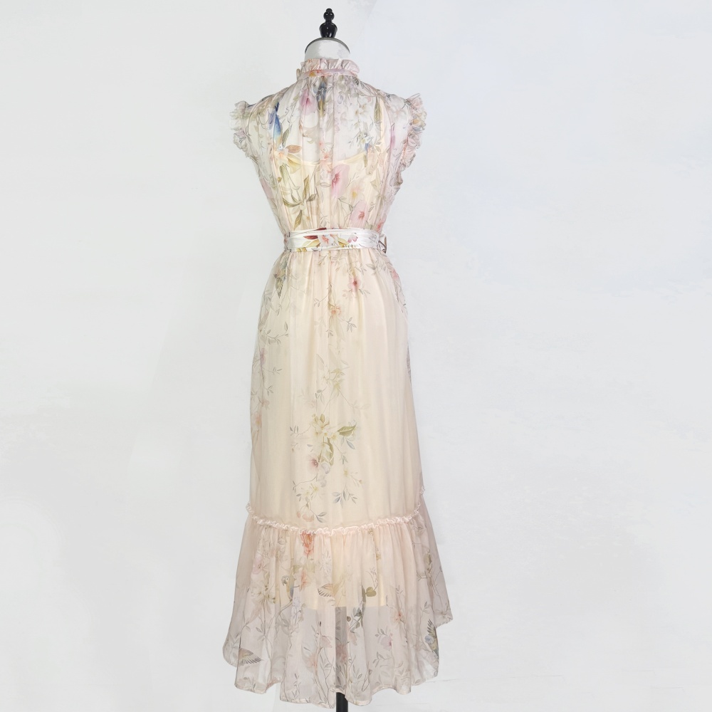 Summer niche printing retro real silk vacation long dress