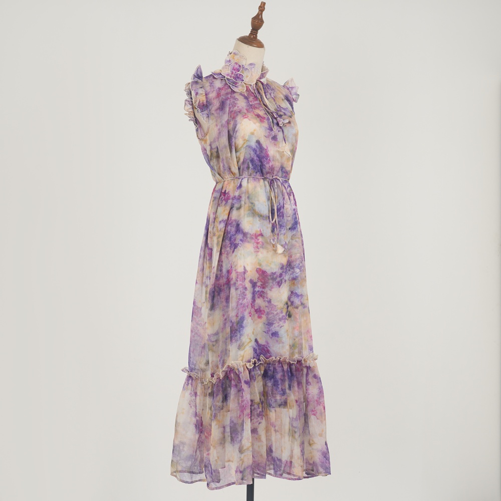 Summer niche printing retro real silk vacation long dress