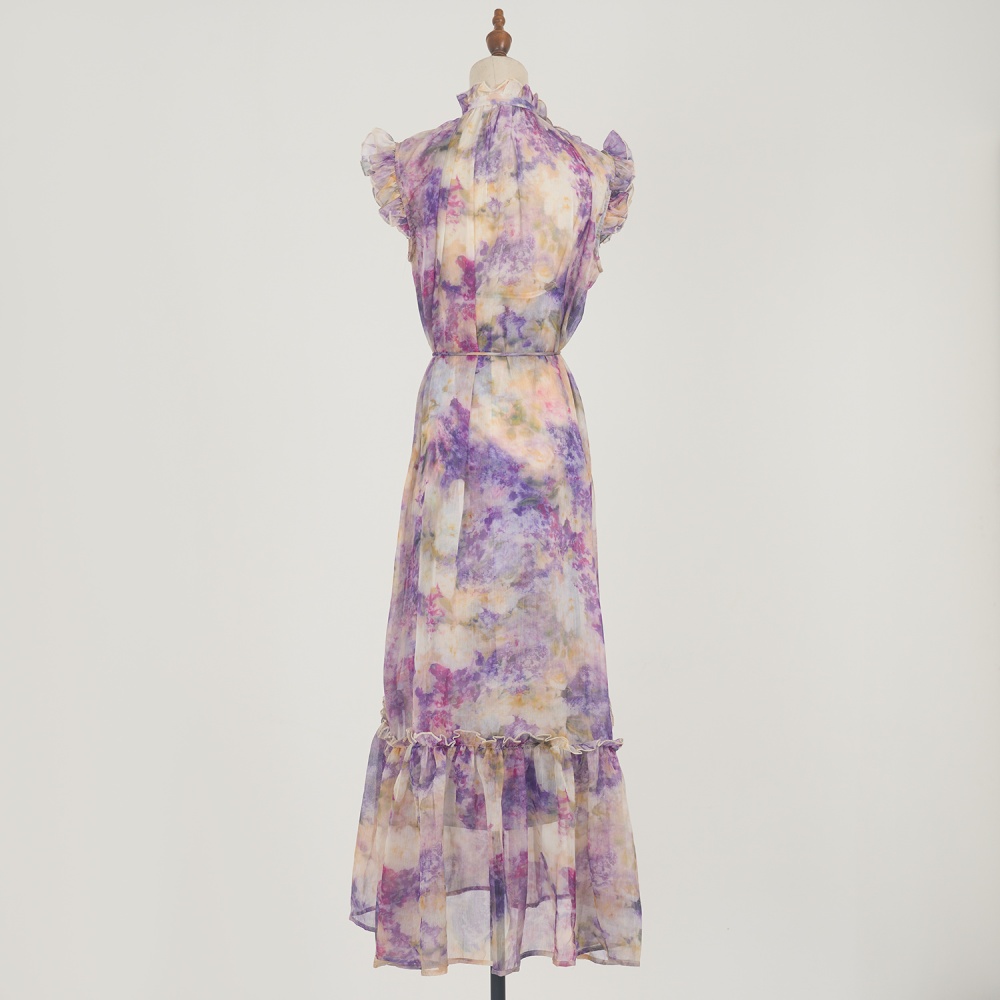 Summer niche printing retro real silk vacation long dress