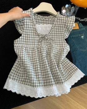 Plaid loose lace shirt splice sleeveless tops for women