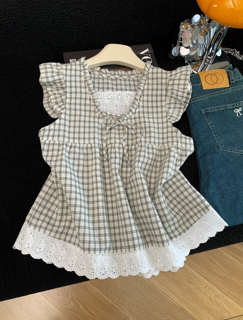 Plaid loose lace shirt splice sleeveless tops for women