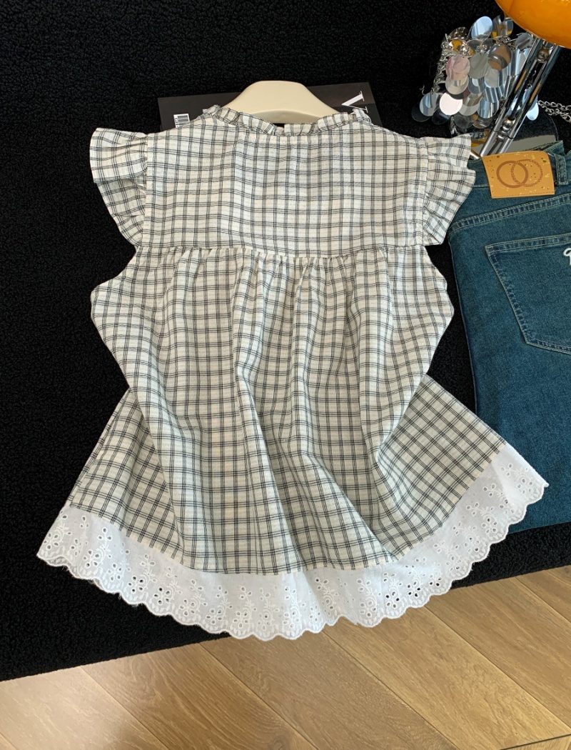 Plaid loose lace shirt splice sleeveless tops for women