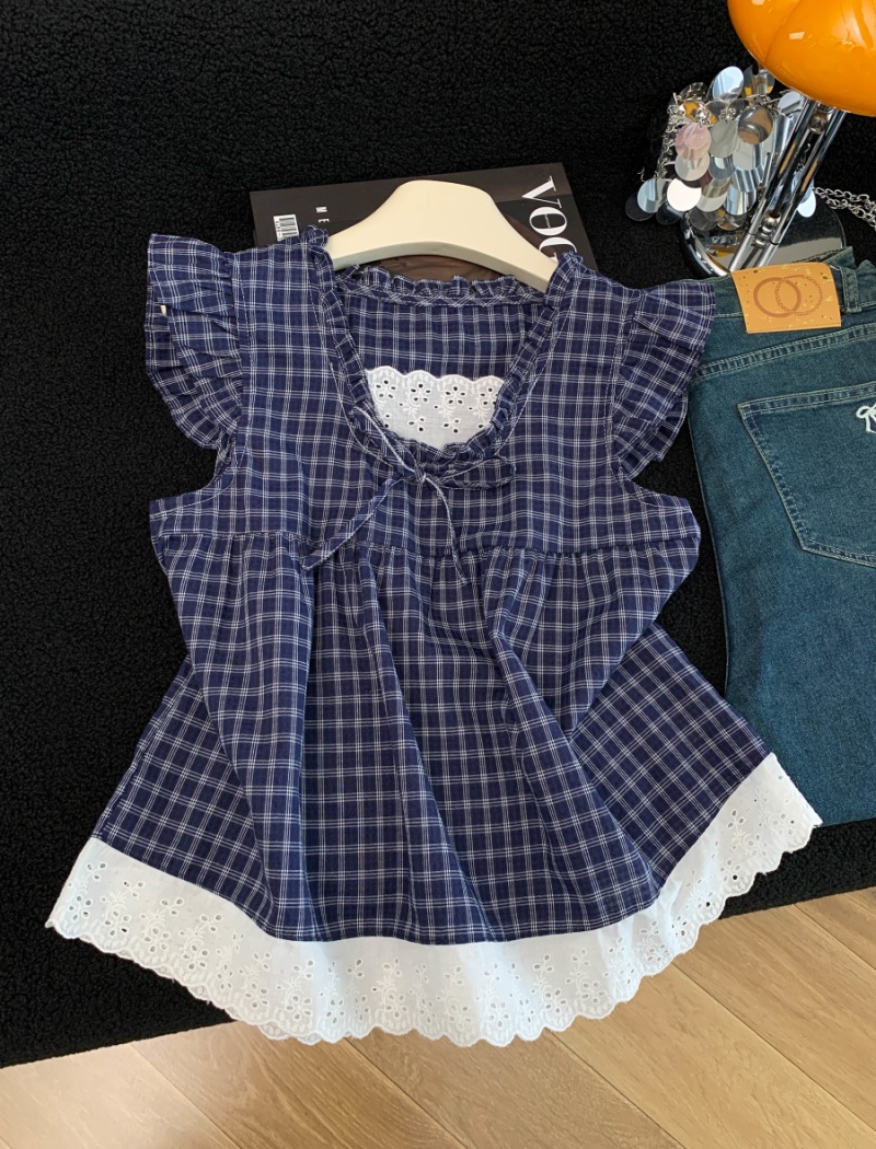 Plaid loose lace shirt splice sleeveless tops for women