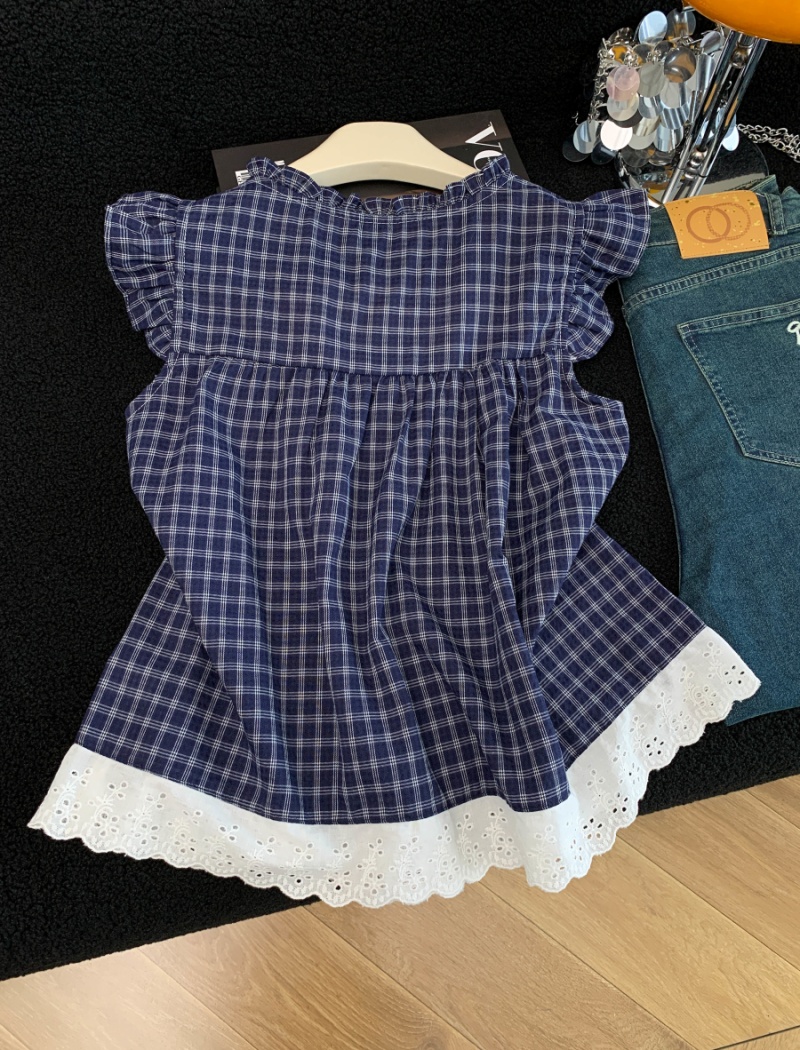Plaid loose lace shirt splice sleeveless tops for women
