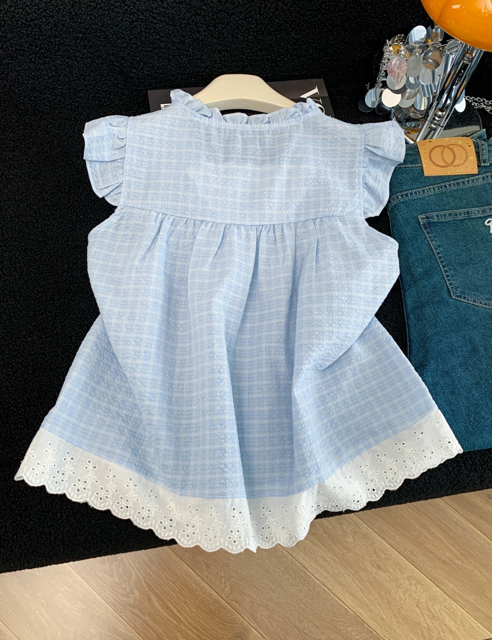 Plaid loose lace shirt splice sleeveless tops for women