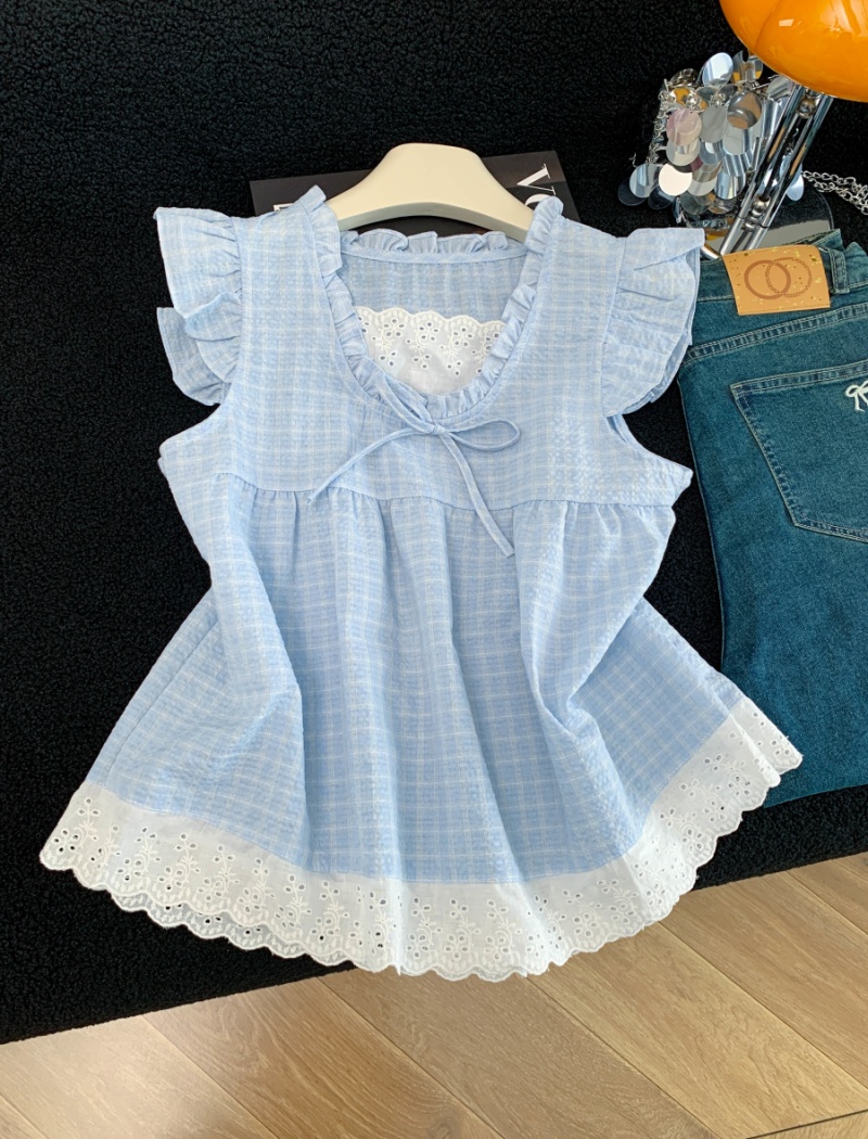 Plaid loose lace shirt splice sleeveless tops for women