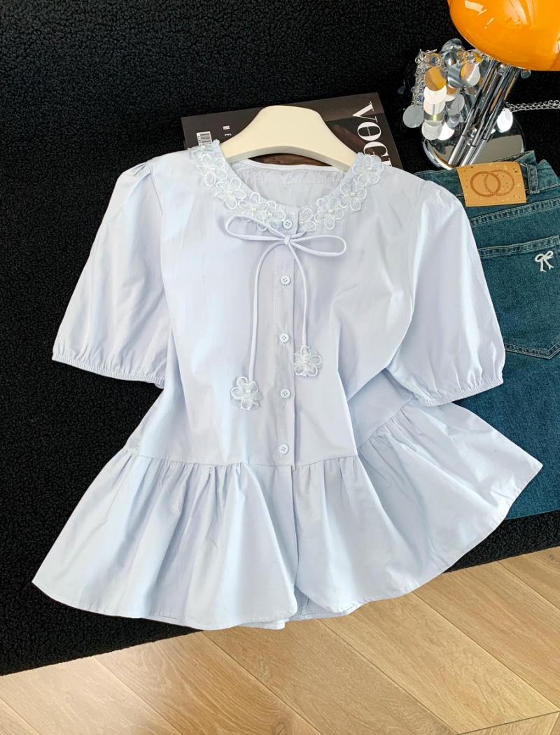 Summer sweet bow shirt Western style flowers tops